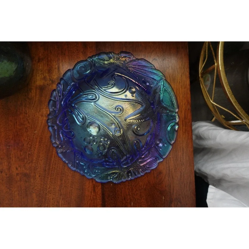 Blue Iridescent Glass Plate Starfish Seashell‎ Decorative Display Dish